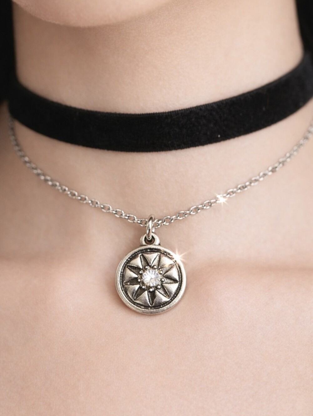 Set of 2 Black Velvet Choker & Sunshine Crystal Pendant Silver tone Necklace